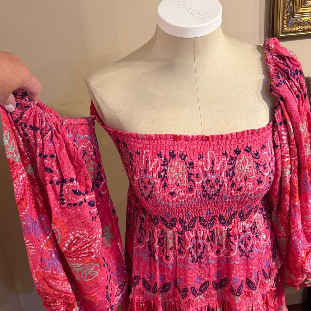SUNDRESS Hot Pink Boho Smocked Mini Dress - Picture 4 of 10
